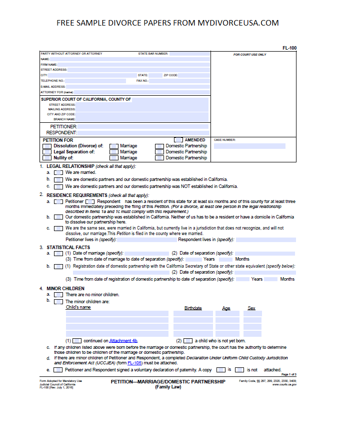 Free Printable Divorce Papers California Printable Divorce Papers