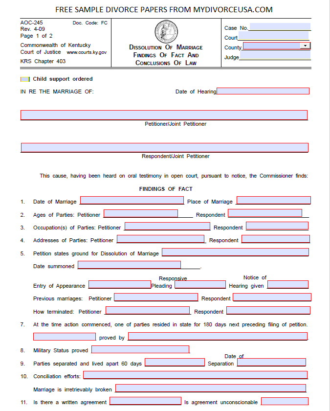 Free Printable Divorce Papers For Kentucky Printable Divorce Papers