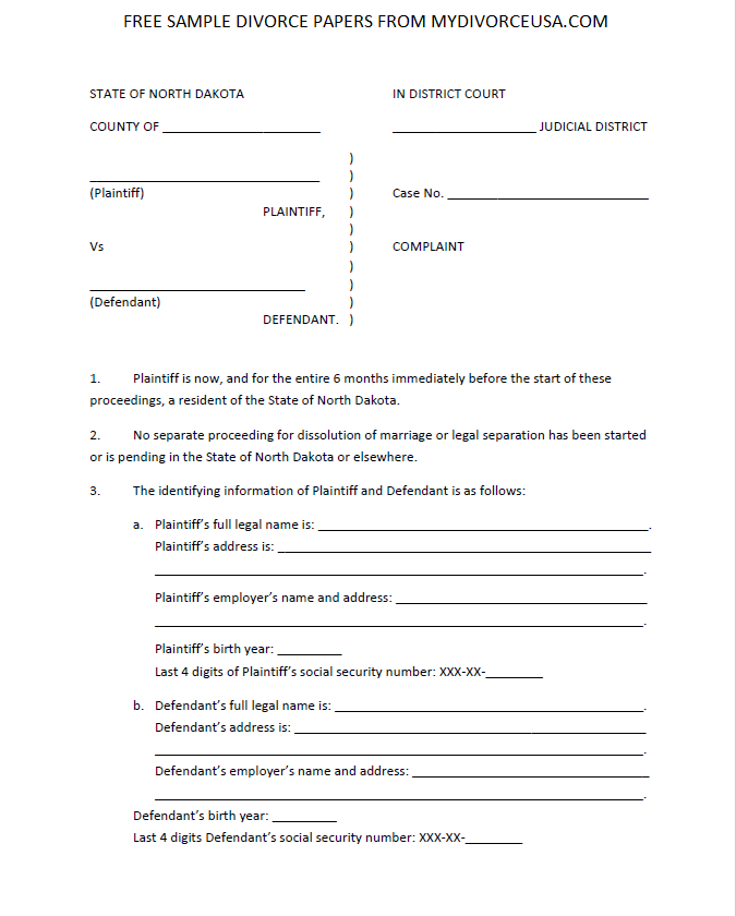Divorce Papers Printable North Dakota Printable Divorce Papers